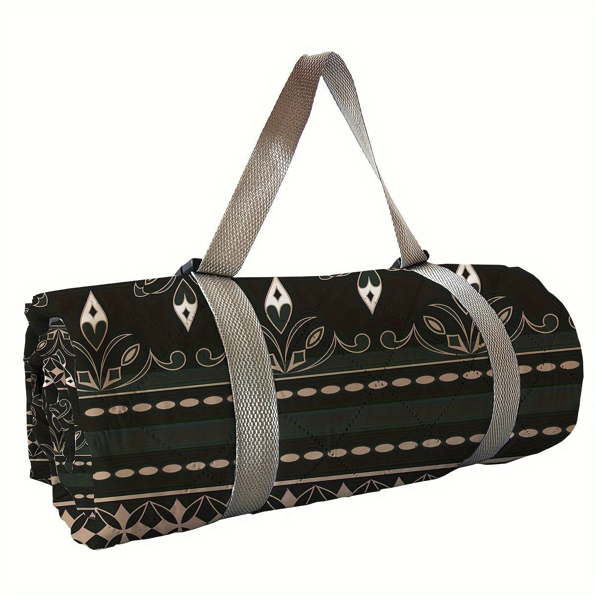 Foldable Picnic Mat with Black Geometric Print, Carry Straps and Displayed 78 x 78-Inch Square Size