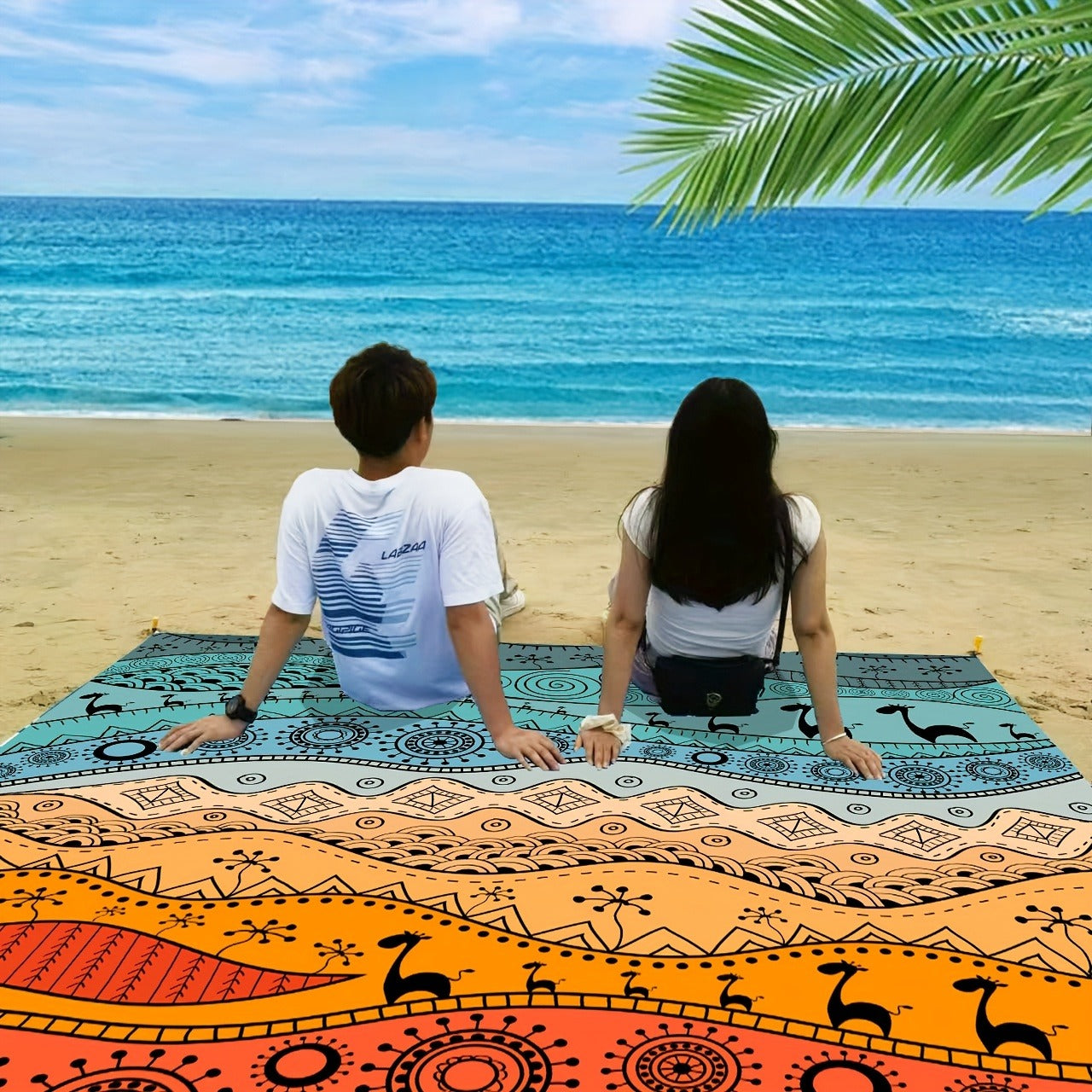 205 x 198cm Picnic Blanket with Orange, Aqua and Black Bohemian Animal Print and Matching Zip Carry Bag