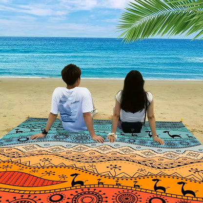 205 x 198cm Picnic Blanket with Orange, Aqua and Black Bohemian Animal Print and Matching Zip Carry Bag