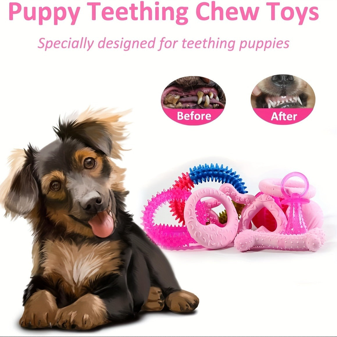 Dog Toy Pink Puppy Chew Bundle with Textured Toothbrush Shapes and Balls in Random 5 or 8 Pieces