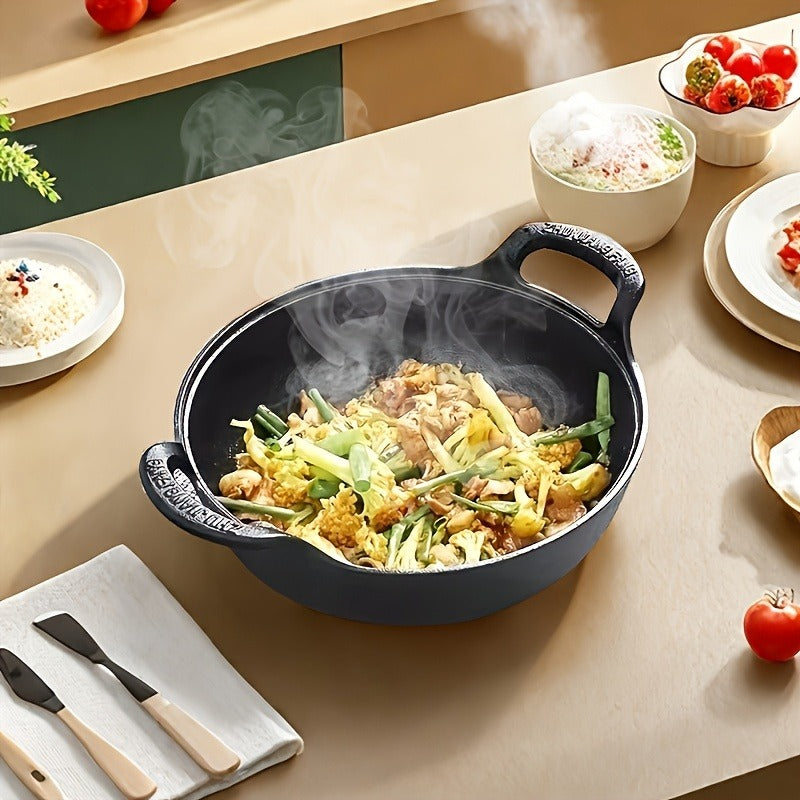 20cm Cast Iron Serving Pan with Dual Loop Handles, Rounded Deep Profile and Enamel Base Layer for Oven or Stovetop Use