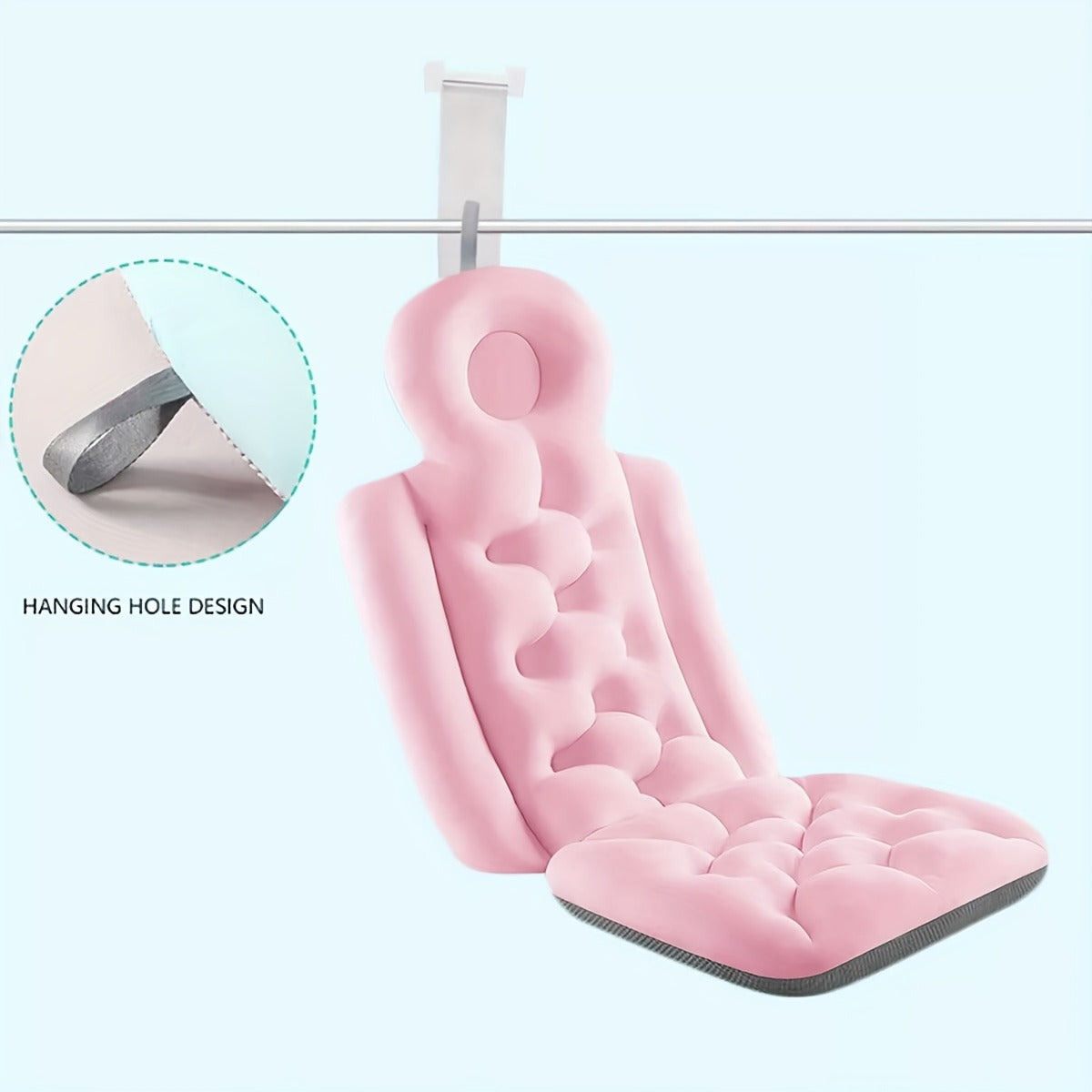 Pink Full-Body Bathtub Cushion in 93 × 40 cm Size with Contoured Headrest and Hanging Loop