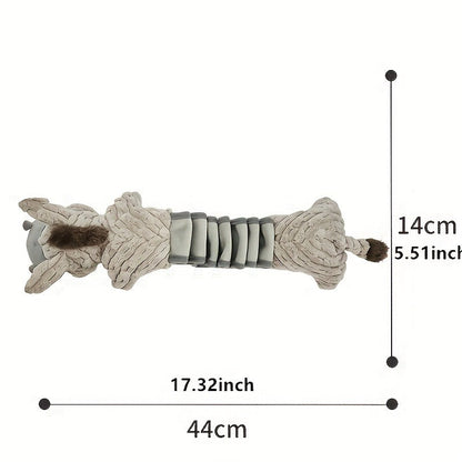 Dog Toy Stretch Donkey Plush Squeaker with Elastic Body, Textured Surface and Rope Ends in Gray White