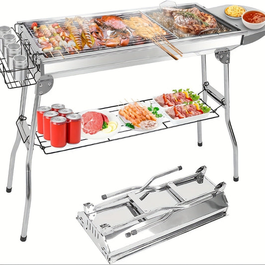 Charcoal BBQ Grill Foldable Large with Side Shelf & Storage Basket – Stainless Steel Portable Outdoor Grill for Camping, Picnic, Garden Patio & Travel | Optional 3-Piece Tool Set