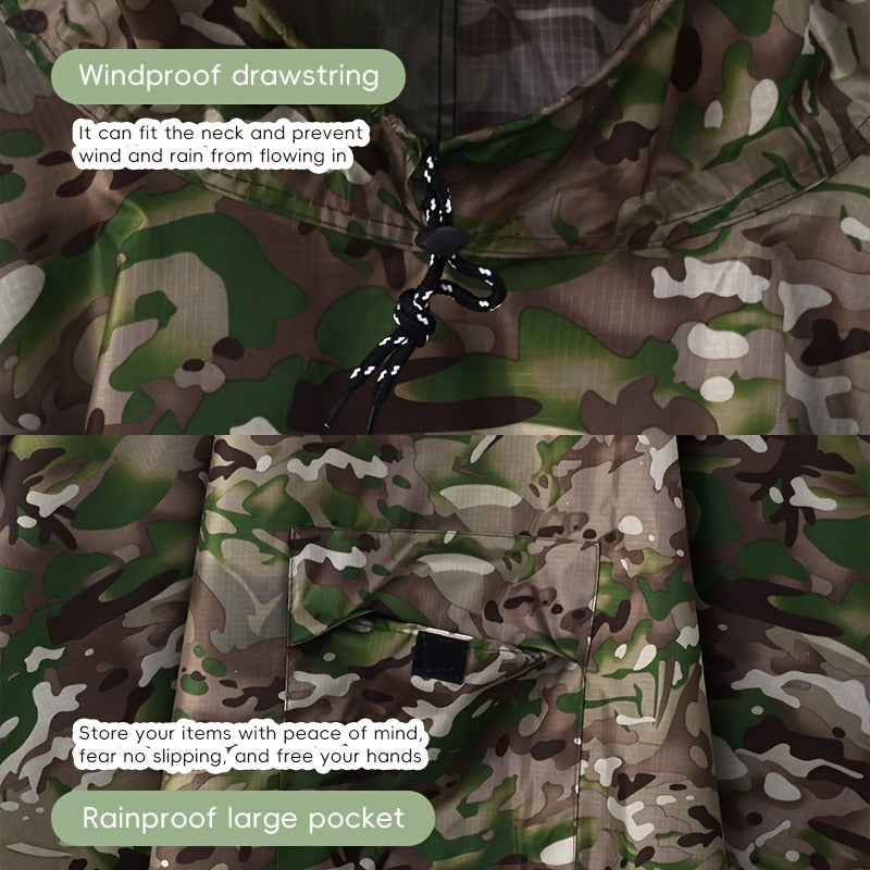 Digital Camouflage Hooded Rain Poncho with Snap-Side Closure, Front Pocket and Matching Storage Bag