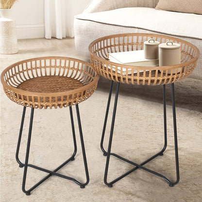 Rattan Side Table Nesting Tables Set of 2 Round Boho End Table Natural Bamboo Woven Coffee Table Metal Base for Living Room Bedroom Sofa Terrace