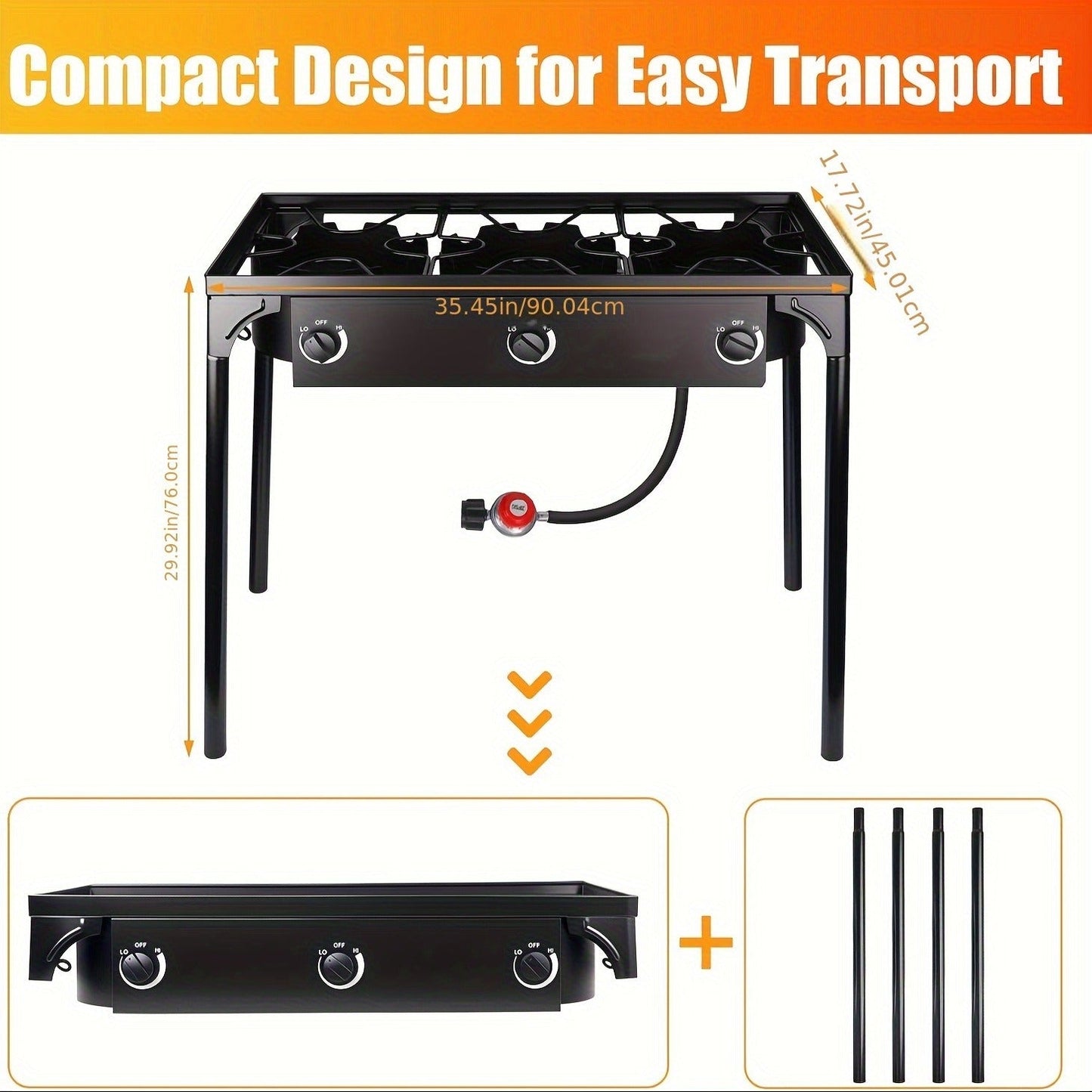 Outdoor Propane Burner Stand with One- or Three-Burner Layout, Removable Legs and 0–20 PSI Regulator Hose