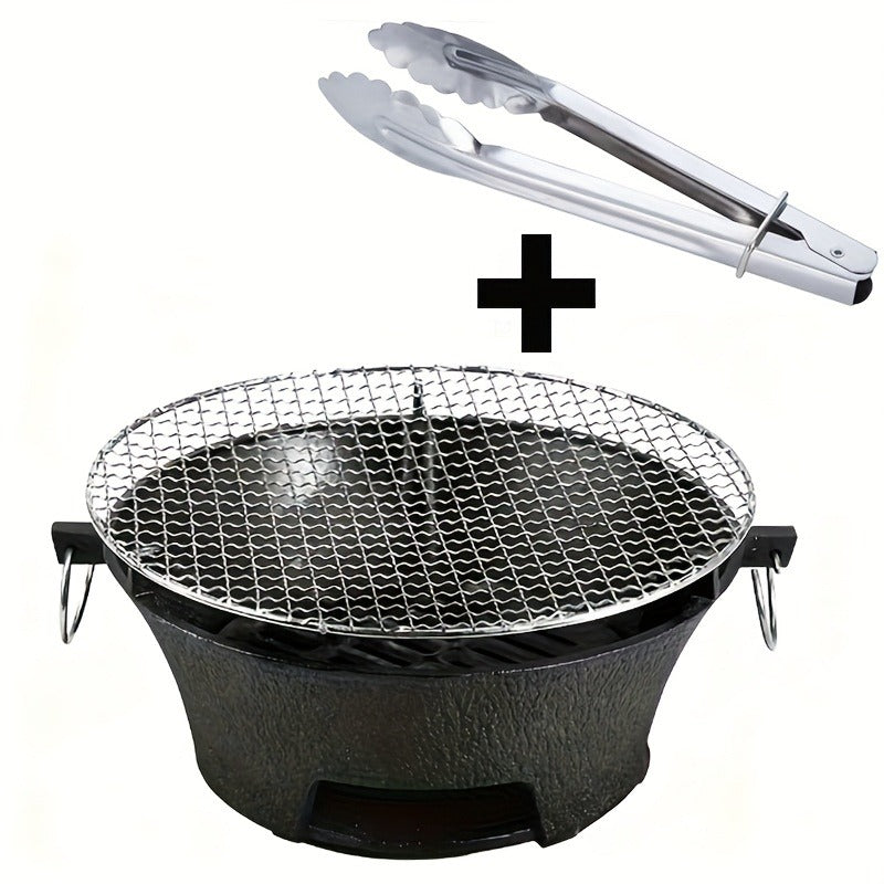 Cast Iron Charcoal Grill Round Portable, Mini BBQ Grill with Wooden Board & Stainless Steel Mesh Tray, Compact Tabletop Charcoal Grill for Outdoor Camping, Pizza, Tea Cooking & Family BBQ