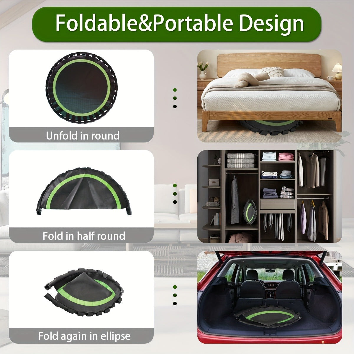 40-Inch Foldable Mini Trampoline with Adjustable Foam Handle, Bungee Straps and Three Colors