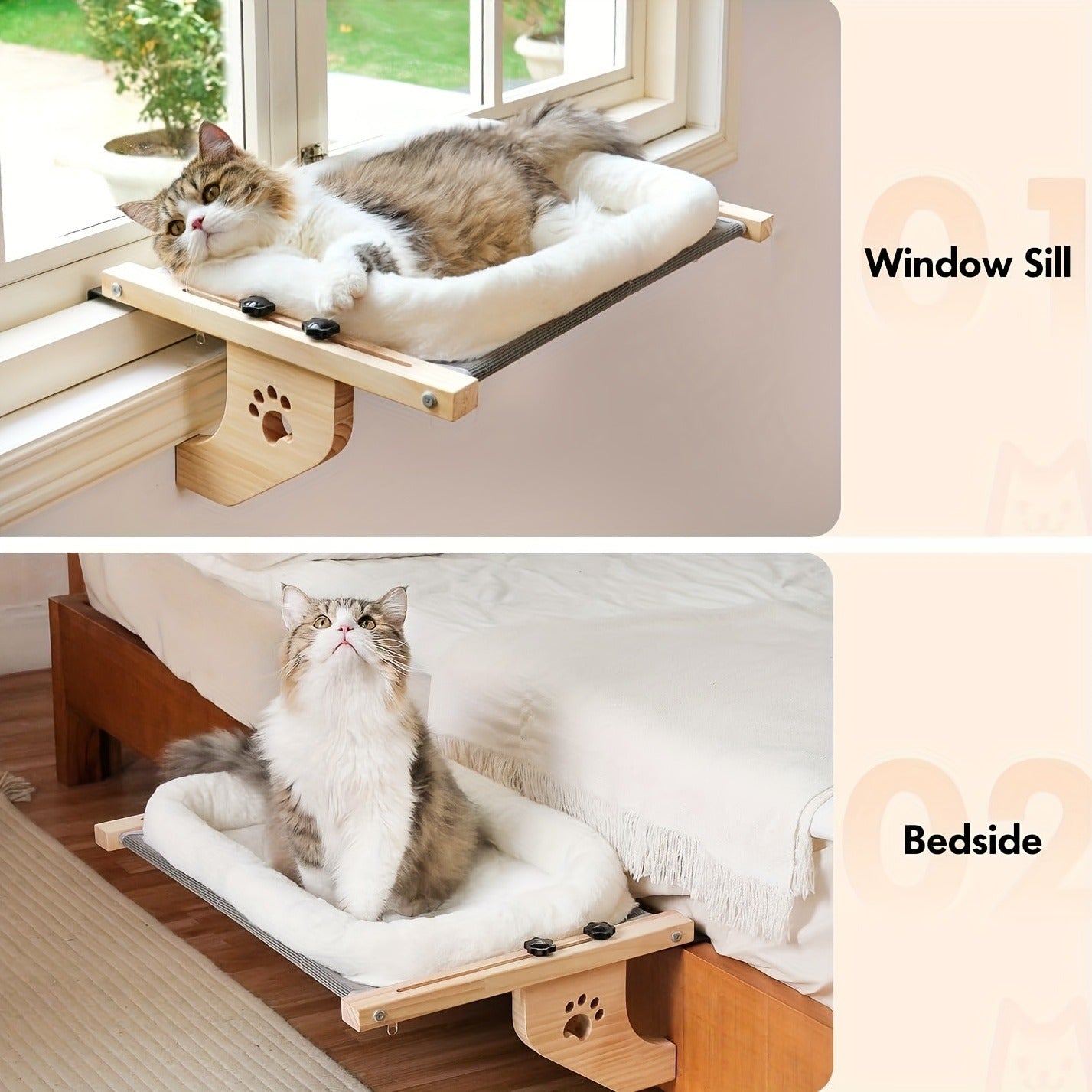 Cat Window Frame Hammock Adjustable - Durable Frame Cat Bed with Paw Print Pattern, Easy Install Window Sill Bedside Cabinet Perch, Large Cat Hammock Lounger with Safety Fixation, Indoor Cat Furniture