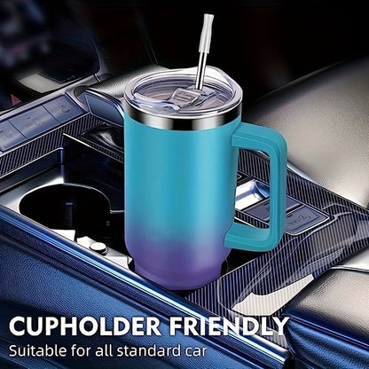 Handled 40oz Stainless Steel Tumbler with Straw Lid, Tapered Base and Five Color Options for Daily Use