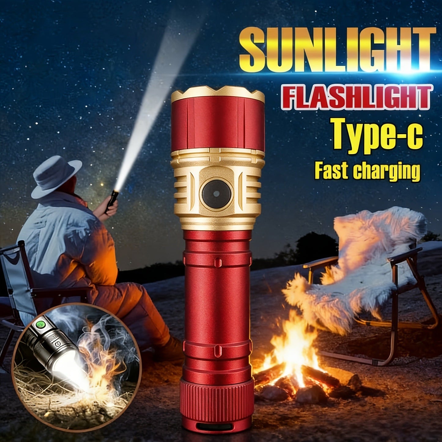 Flashlight Fresnel Lens Rechargeable Hand Torch with 21700 3500mAh Battery in Red Finish for Outdoor Use