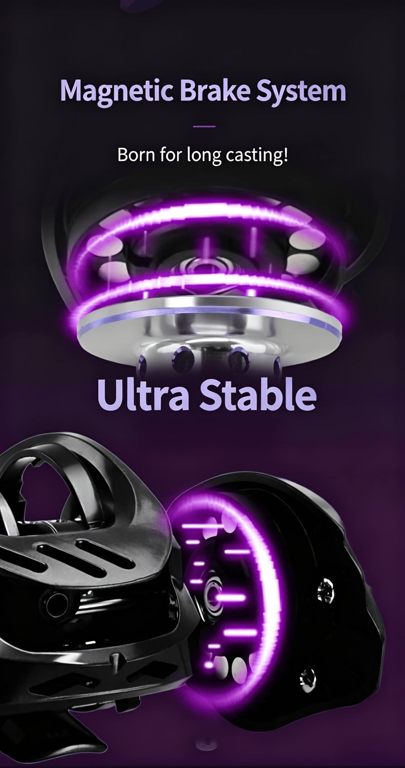 Black and Purple Baitcasting Fishing Reel with Left- or Right-Hand Retrieve and Dual-Paddle Handle