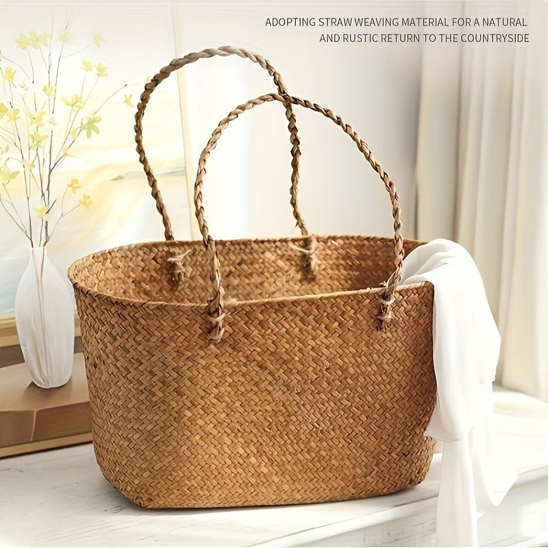 Straw Picnic Basket with Long Handles – Large Hand-Woven Vintage Shopping Basket for Beach, Outdoor Picnics & Rustic Home Decor Storage