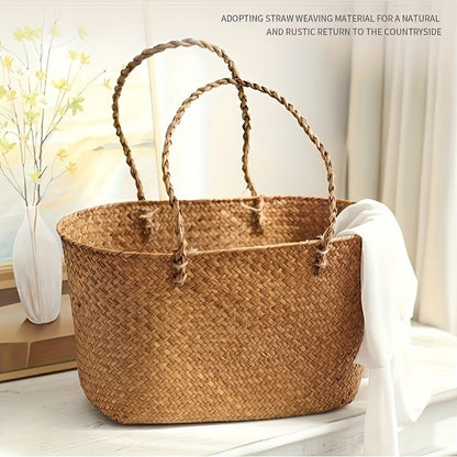 Straw Picnic Basket with Long Handles – Large Hand-Woven Vintage Shopping Basket for Beach, Outdoor Picnics & Rustic Home Decor Storage