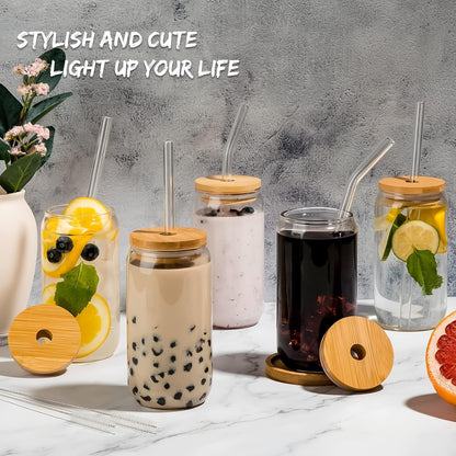 Drinking Glasses Set with Lid and Straw 550ml Oval Glass Cups 4 or 6 Piece – Iced Coffee Smoothie Bubble Tea Juice Tumbler Set for Home Entertaining Gifting