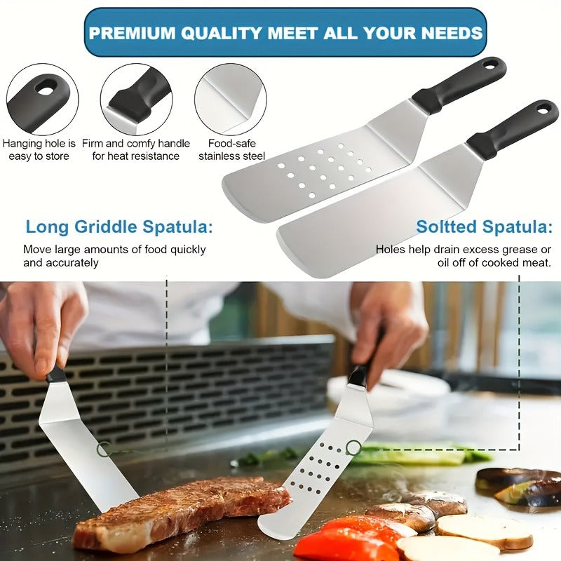 BBQ Tool Set Stainless Steel Grill Accessories Kit with Meat Thermometer Teppanyaki Press Board for Outdoor Camping Home Kitchen Party