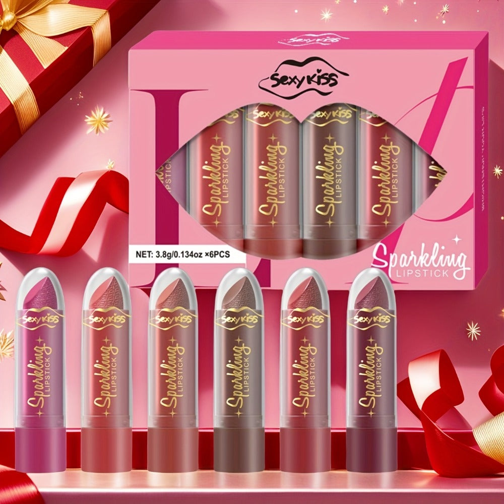 Lipstick Set, Sexy Kiss 6-Piece Sparkling Shimmer Bullet Collection in a Pink Presentation Box