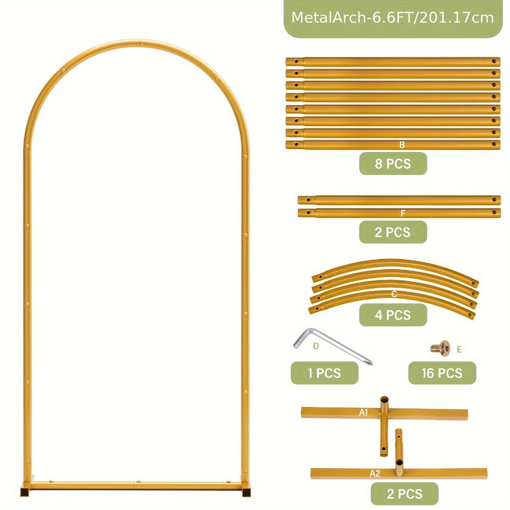 Three-Piece Gold Metal Arch Backdrop Set with 7.2FT, 6.6FT and 6FT Frames plus Seven Balloon Clips