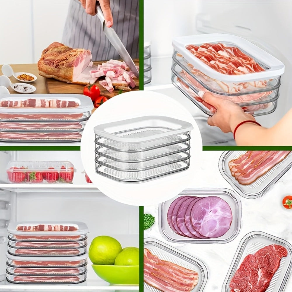 Food Storage Container Four-Tier Stainless Steel Refrigerator Tray Set with Clear Lids and Stacking Rims
