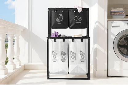 Two-Tier Laundry Sorter Hamper with Upper Compartments, Four Removable Lower Bags and Elevated Frame