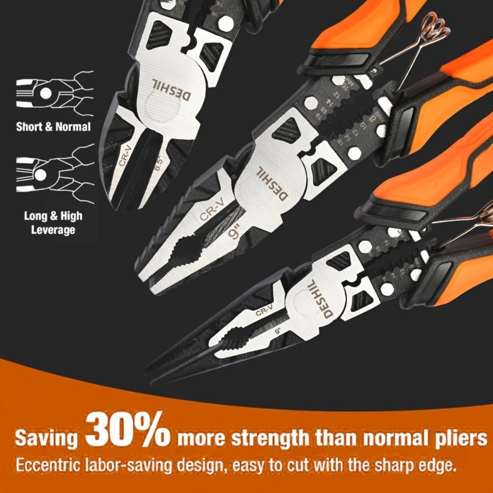 Pliers Set 9-in-1 Multi-Function Industrial Grade, 8.5" Lineman Pliers, 8.5" Long Nose Pliers, 8" Diagonal Side Cutters, CRV Steel TPR Handle Wire Stripper Crimper Cutter for Electrical & Auto Repair