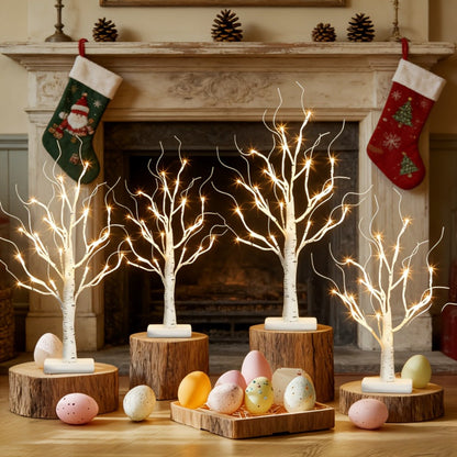 LED Illuminated Birch Tree Decoration – Battery-Powered Warm White Glowing Birch Trees for Wedding, Home, Fireplace & Indoor Gatherings – Freestanding Decorative Light Display, 4 or 6 Pack