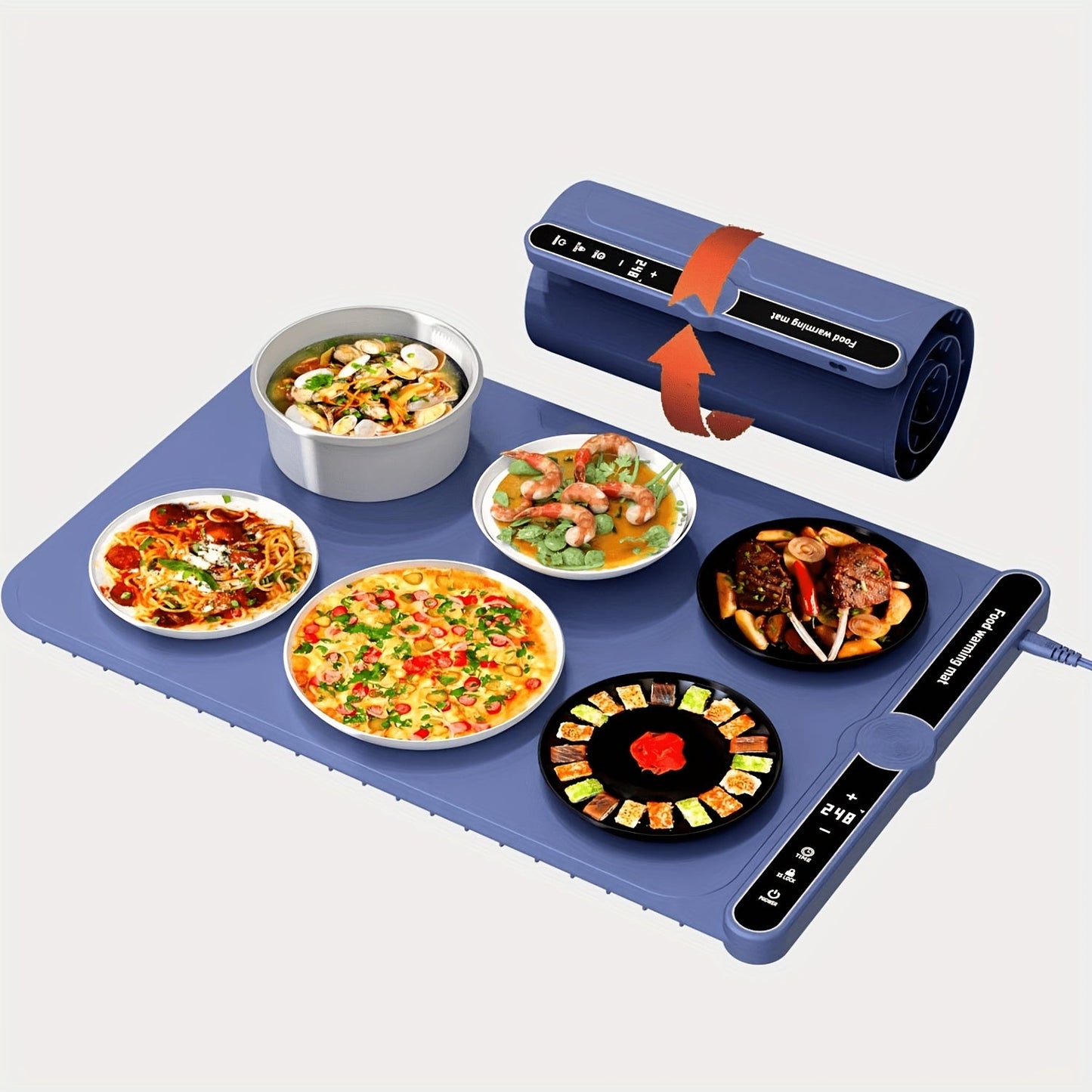 Electric Food Warming Mat with 6 Temperature Levels & 6-Hour Timer – Full Surface Roll-Up Heating Tray for Holiday Parties Buffets Dining Table Keeps Food Warm Blue Beige