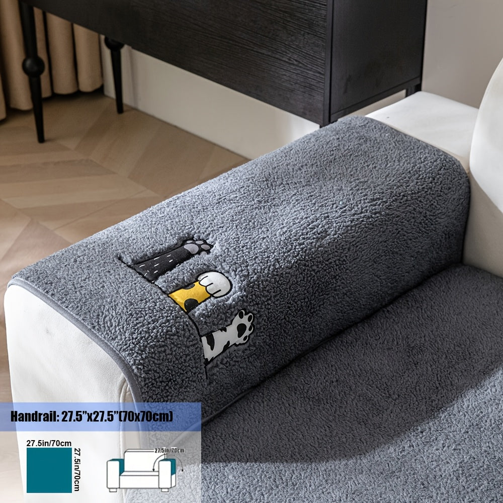 Sofa Cover, Sherpa Plush Cat-Paw Embroidered Seat Pad with Non-Slip Backing in Four Colors and Seven Sizes