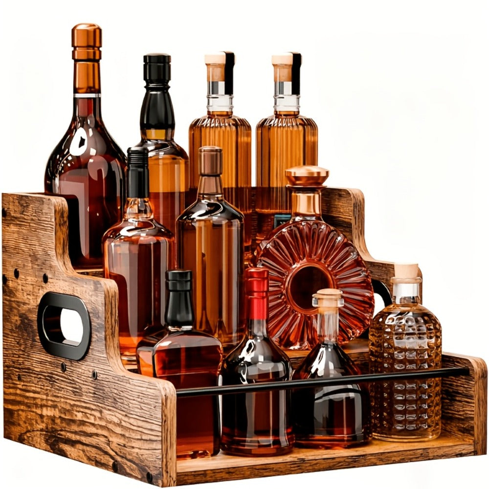 Three-Tier Solid Wood Countertop Wine Rack for Liquor Bottles, Coffee Syrups, Spices and Home Bars