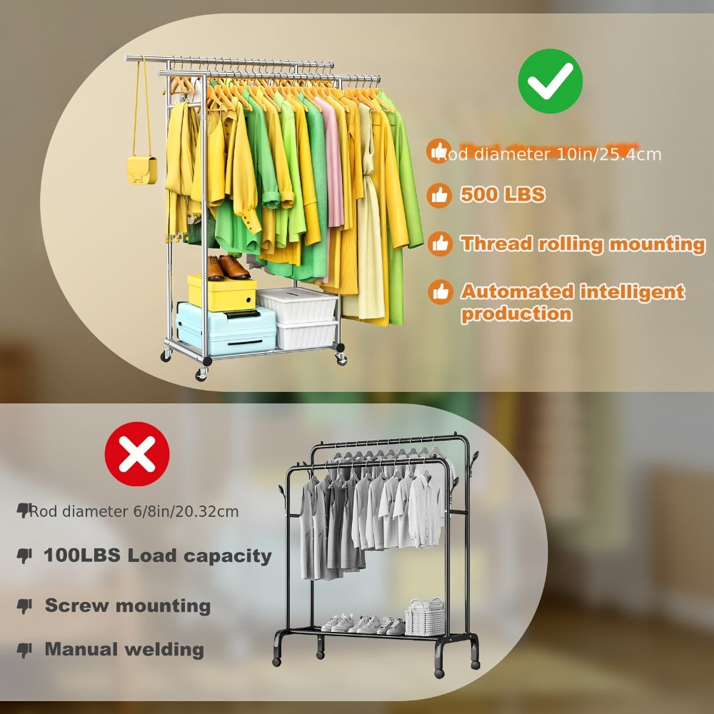 Portable Clothes Rack with Wheels – Heavy Duty Double Rod Garment Rack with Shelves & Hooks | Metal Rolling Clothing Rack for Hanging Clothes | Multi-Functional Closet Rack for Bedroom & Laundry Room