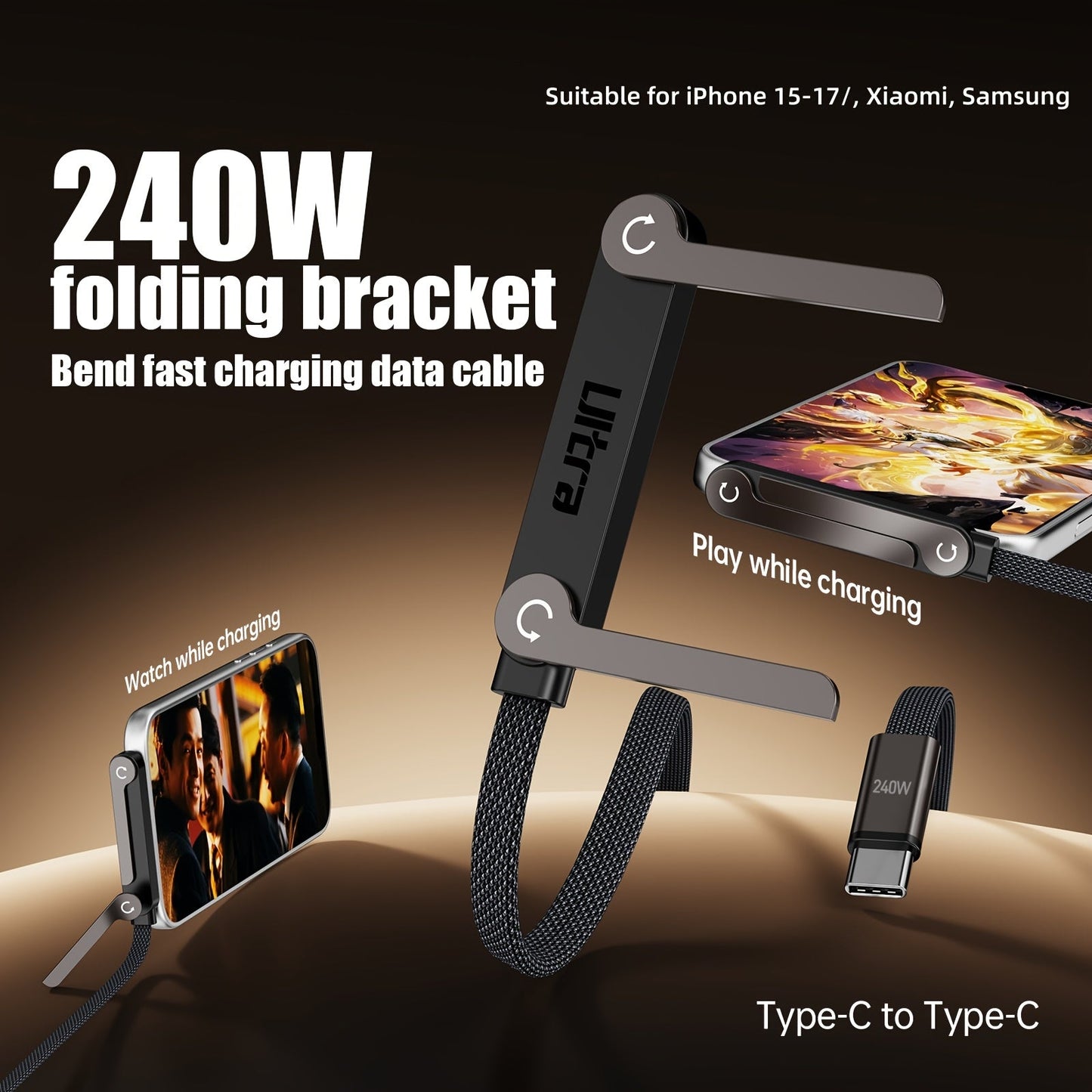 Folding-Bracket USB-C to USB-C Cable with 240W Marking, 480Mbps Graphic and 4.92 ft Length