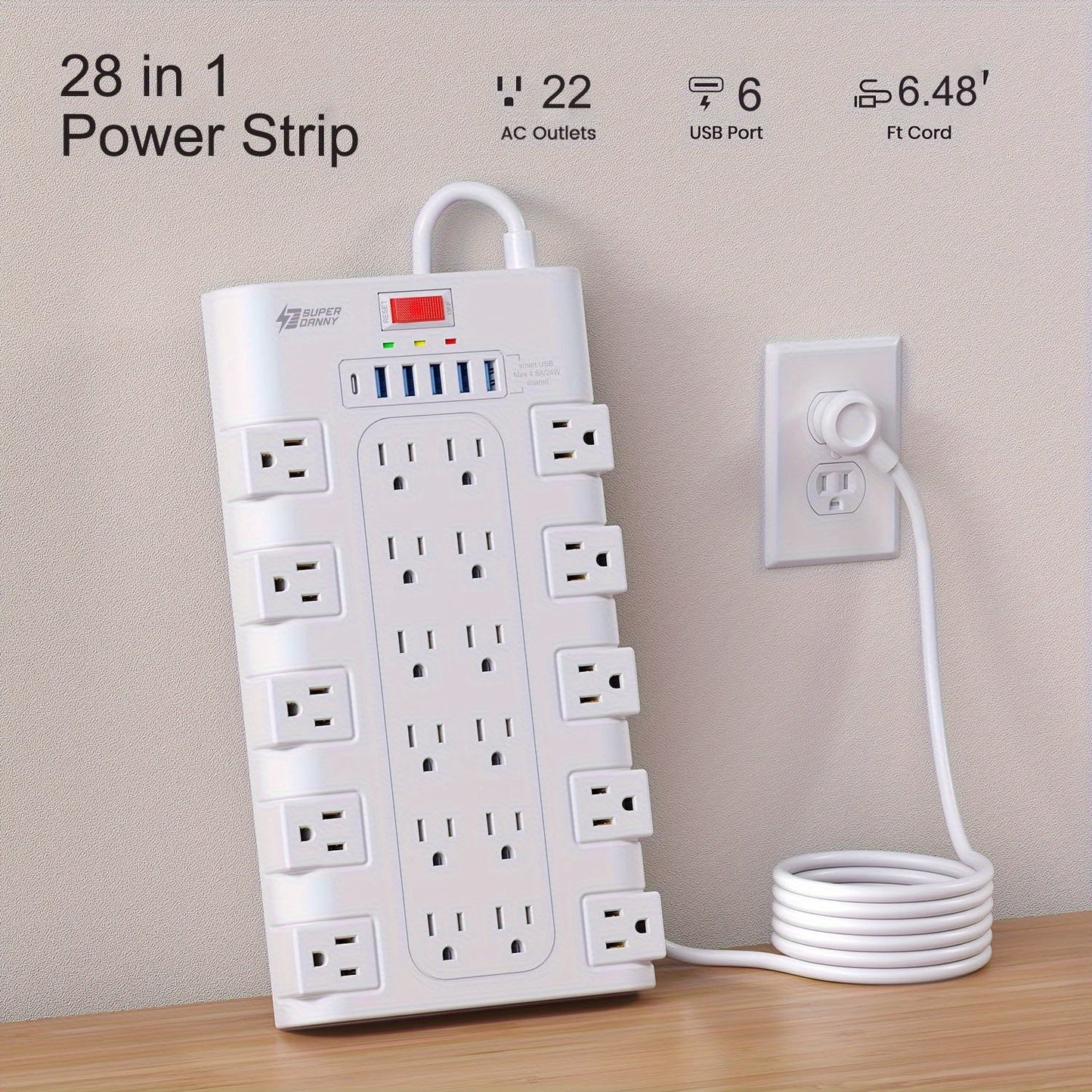 Power Strip 28-in-1 Surge Protector with 22 Widely Spaced AC Outlets, 5 USB-A, 2 USB-C and 2100J Rating
