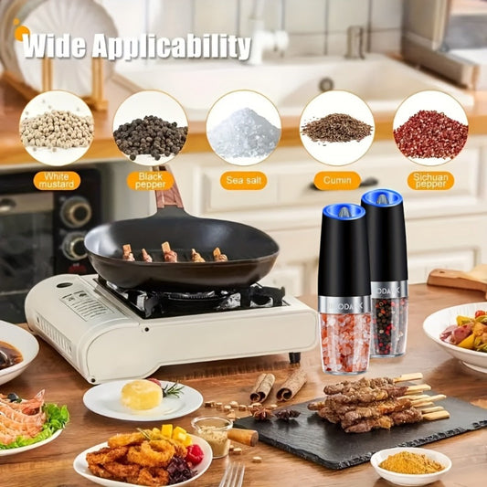 Electric Salt and Pepper Grinder Set Battery Powered Gravity Sensor | One-Hand Automatic Operation LED Light | Adjustable Coarseness Mill Shaker | Kitchen Gadget Gift Idea in Black & Silver
