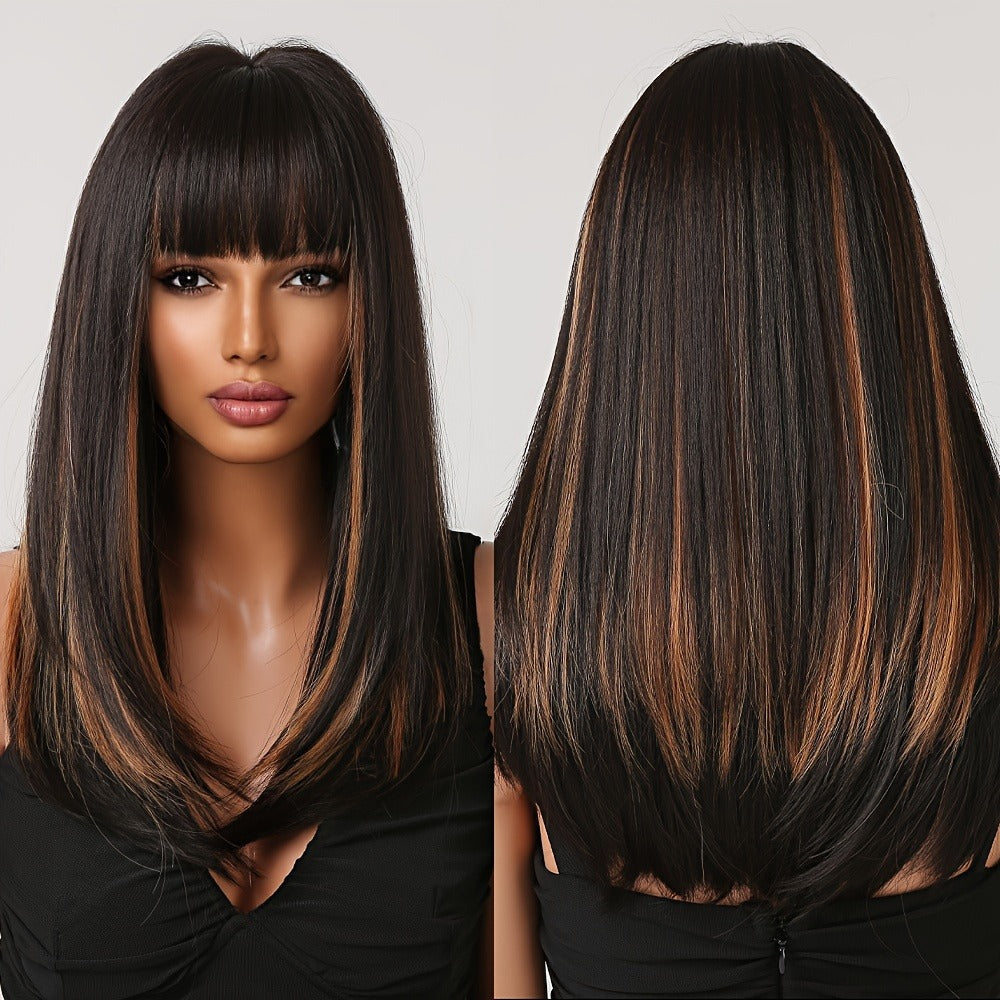 Synthetic Wig 24-Inch Dark Brown Straight Headband Style with Bangs and No-Lace Glueless Cap