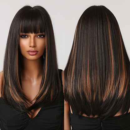 Synthetic Wig 24-Inch Dark Brown Straight Headband Style with Bangs and No-Lace Glueless Cap