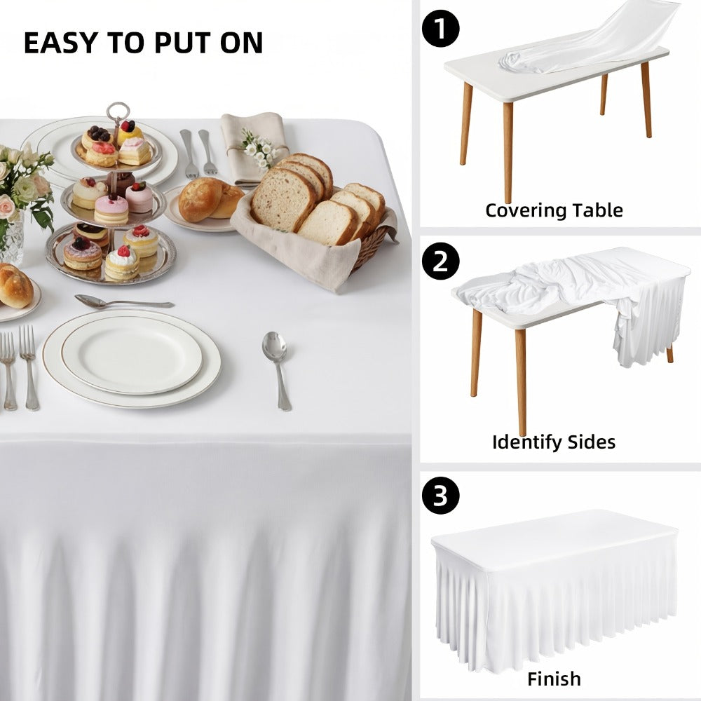 Pleated Rectangle Table Skirts in Black or White with One-, Two- or Four-Piece and Four-Foot Options