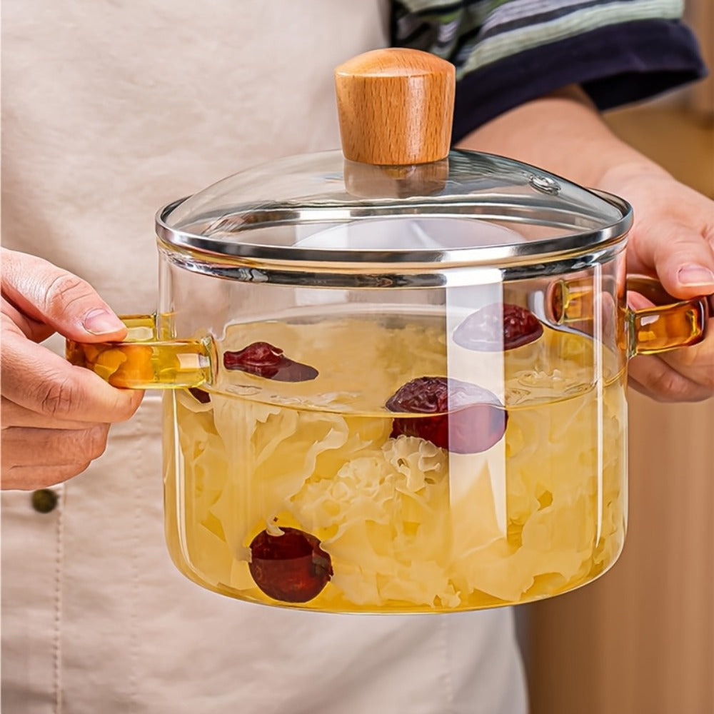 Glass Cooking Pot 54oz 1600ml Borosilicate Heat-Resistant with Lid – Transparent Dumpling & Ramen Pot for Stove & Oven | Odorless Easy-Clean Soup Milk Pot with Green or Yellow Stainless Steel Handle