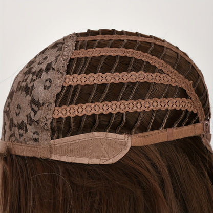 Synthetic Wig 30-Inch Water-Wave Curls with Brown Highlights, Middle Part and Rose Net Cap