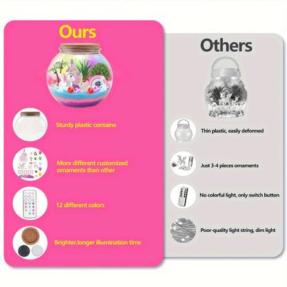 Unicorn Terrarium Craft Kit with Decorative Globe, Multicolor LED Light, Remote and Layered Sand Accessories