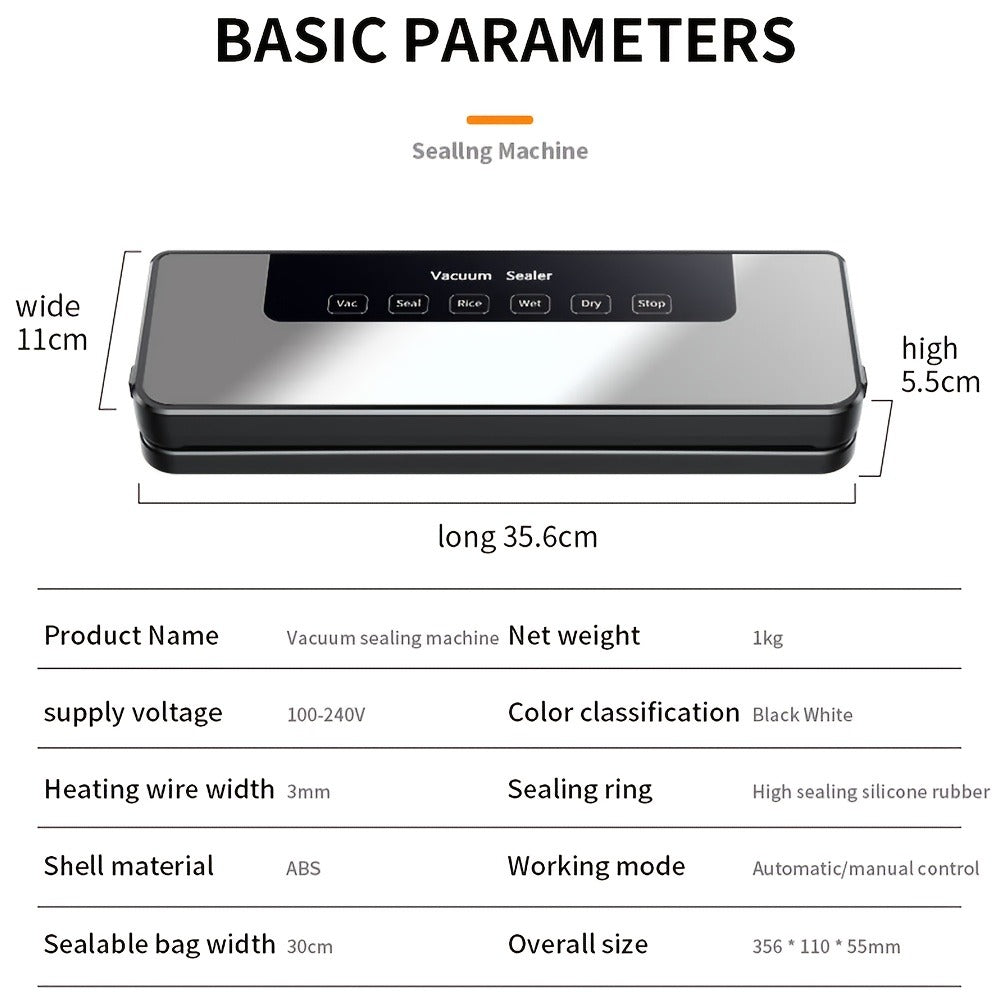 65KPa Countertop Vacuum Sealer with Dry and Moist Modes, External Hose, 50 Bags and 30cm Sealing Width
