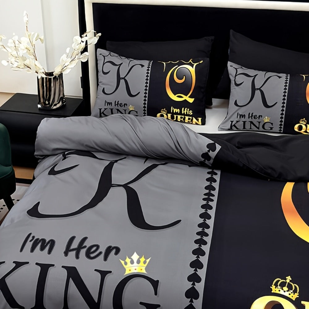 King and Queen Print Duvet Cover Set with Two Pillowcases, Three Styles and Four Bed Sizes