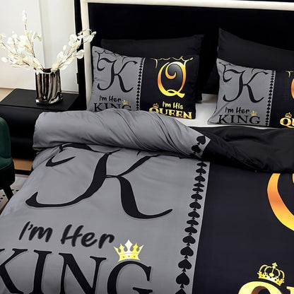 King and Queen Print Duvet Cover Set with Two Pillowcases, Three Styles and Four Bed Sizes