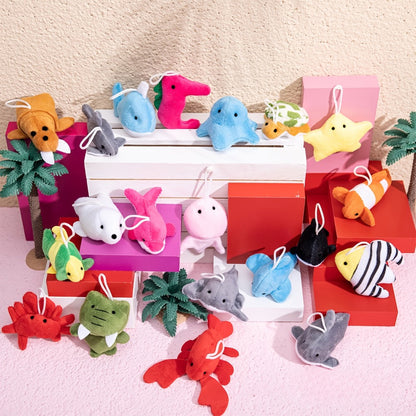 Twenty-Four Mini Sea-Animal Plush Keychains in Assorted Fish, Shark, Whale and Crab Designs