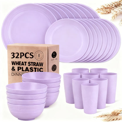 Wheat Straw Dinnerware Set 16 or 32 Piece – Plates & Bowls for 4 or 8 People, Microwave & Dishwasher Safe Plastic Dish Set, Lightweight Colorful Tableware for Home, Party & Holiday