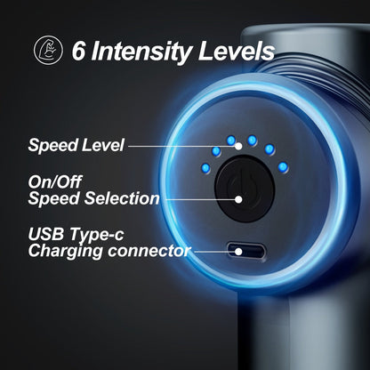 Compact Massage Gun with Six Speed Settings, Four or Eight Interchangeable Heads and Blue or Black Finish Options