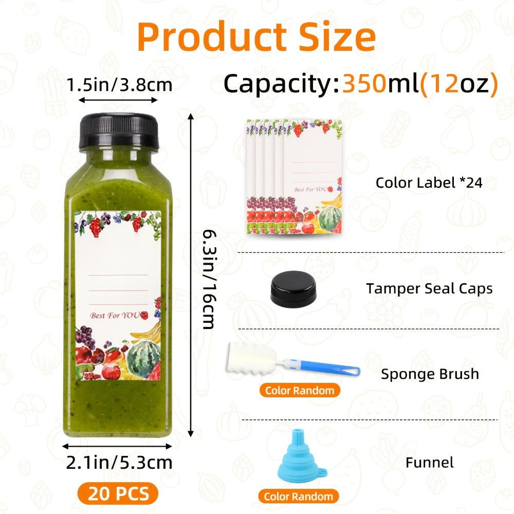 Reusable Juice Bottle Set, Clear Plastic 12oz or 16oz Drink Containers with Lids, Funnel and Cleaning Brush