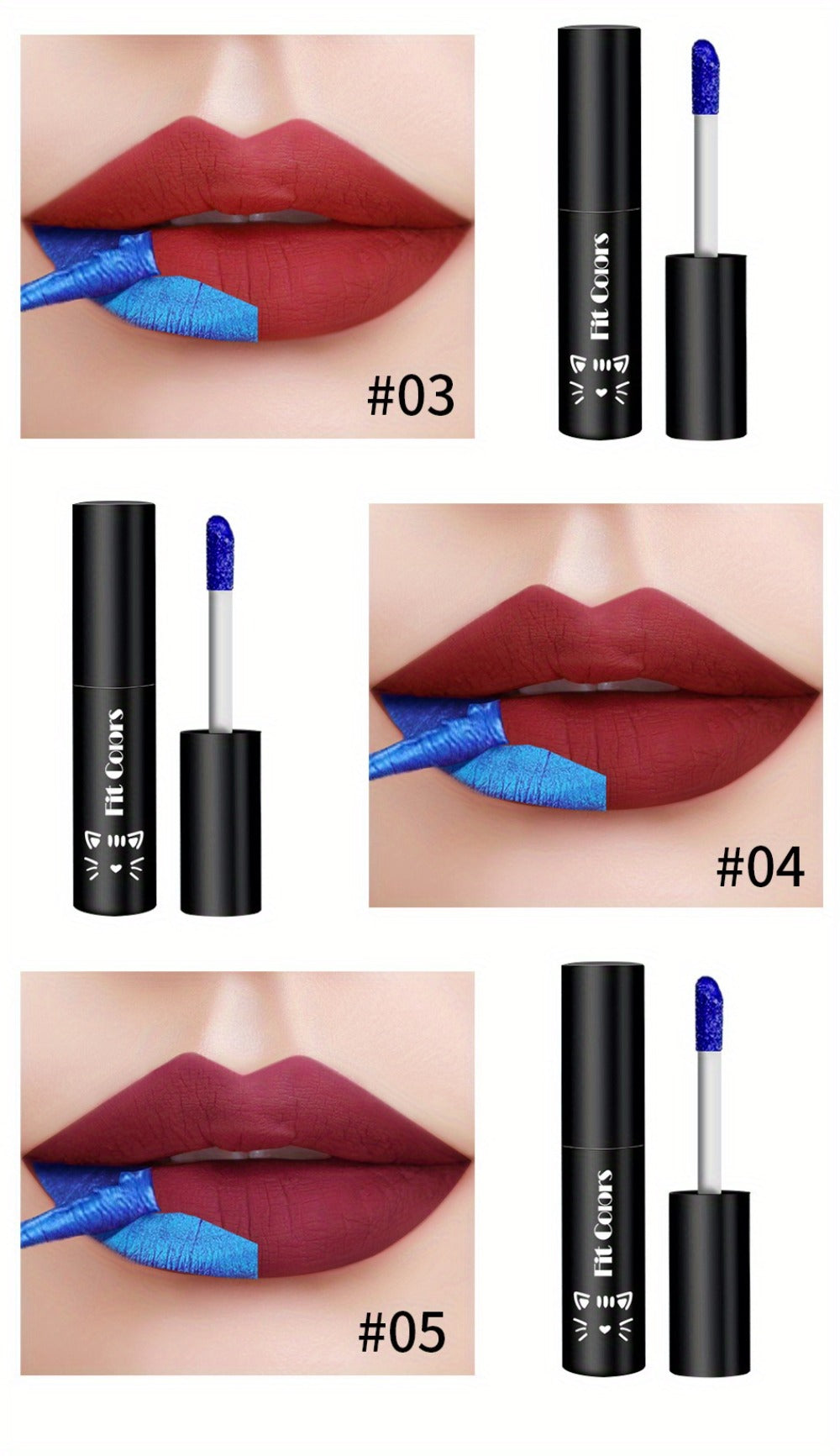 Lip Gloss Set by Fit Colors with 3 Bold Blue Matte Lip Colors and Two Retained Set Options
