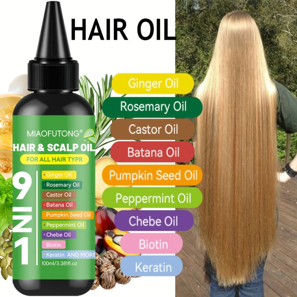 Hair Care Oil 9-in-1 with Turmeric, Rosemary, Castor Oil & Biotin - Deep Hydration, Frizz Control & Smoothness, Plant-Based Squalane, All Hair Types, Men & Women, 100ml
