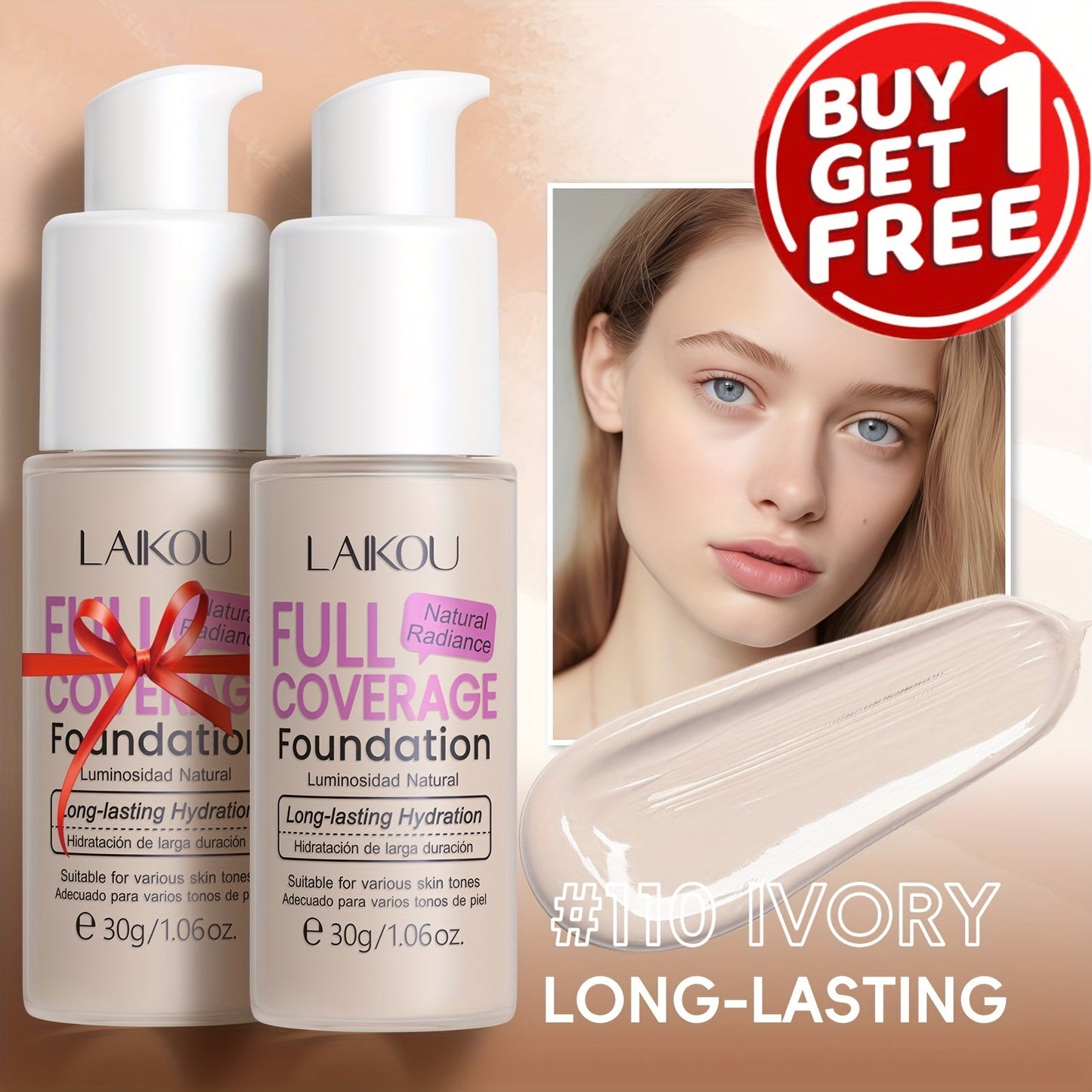LALKOU 30g Liquid Foundation Two-Bottle Set with Pump Dispensers and Six Shades from Ivory to Tan